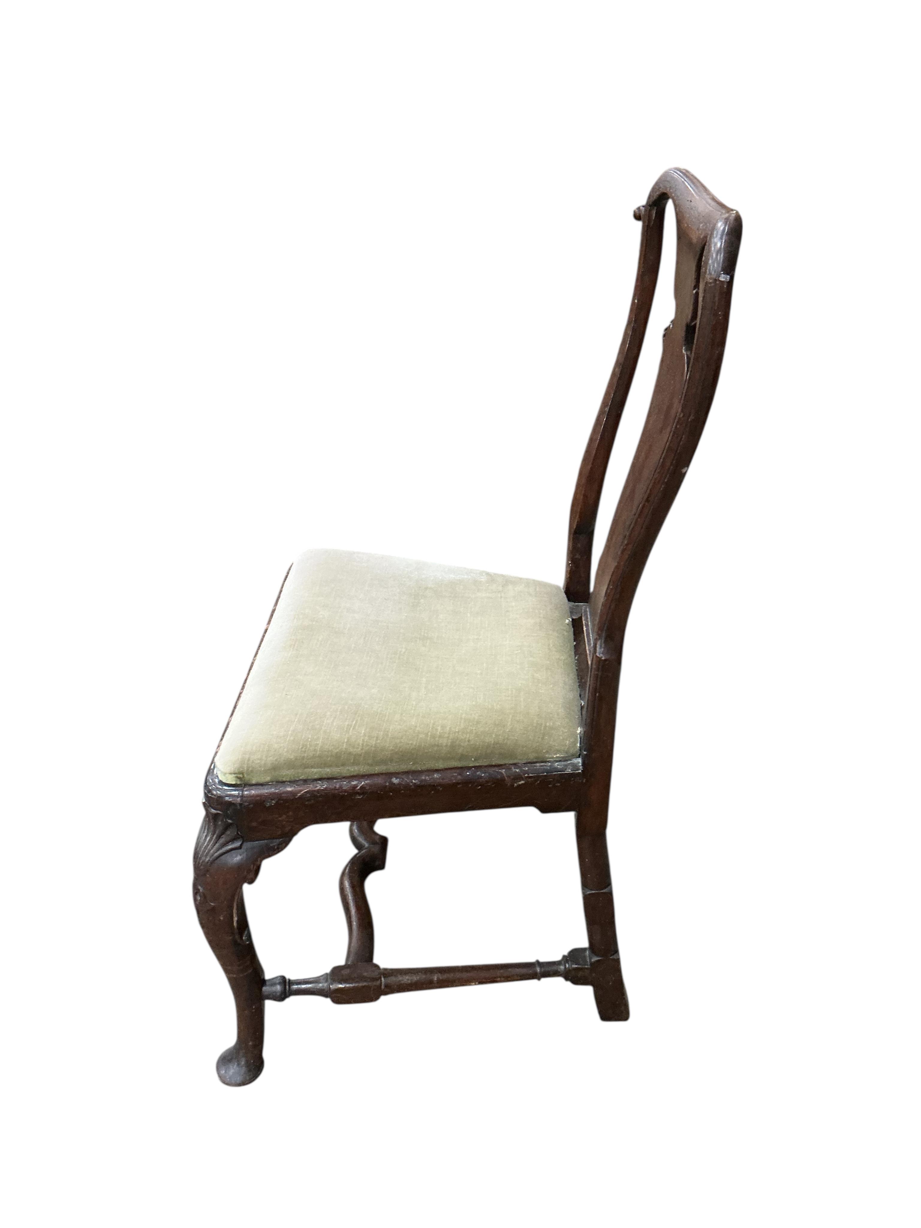 A pair of George I walnut dining chairs, width 54cm, depth 41cm, height 92cm